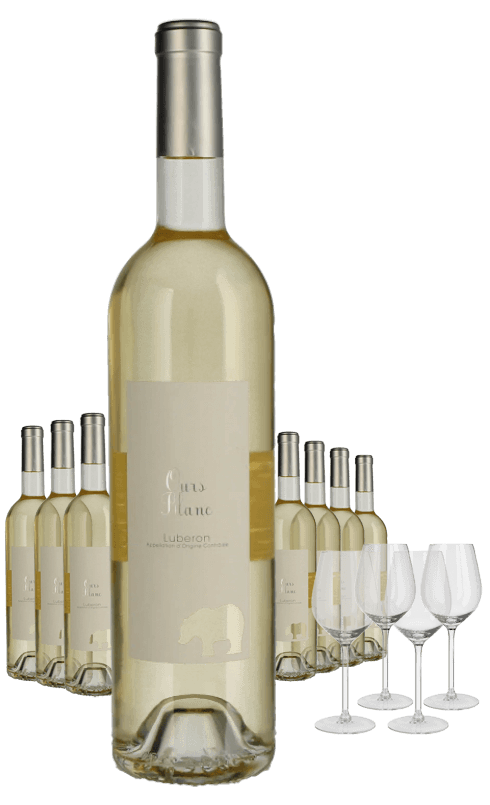 Paket 8 Flaschen Perrin Ours Blanc + 4 Gläser