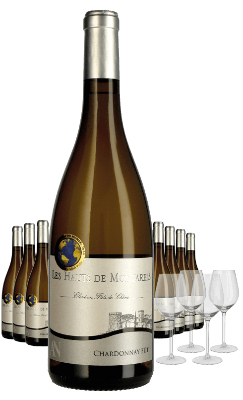 Paket 8 Flaschen Les Hauts de Montarels Chardonnay + 4 Gläser