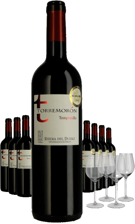 Paket 8 Flaschen Torremoron Tempranillo Tinto Joven + 4 Gläser