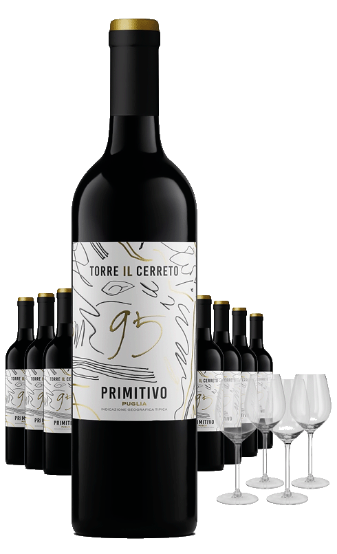 Paket 8 Flaschen Torre il Cerreto Primitivo + 4 Gläser