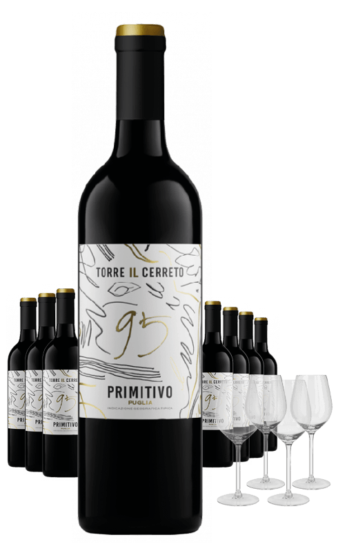 Paket 8 Flaschen Torre Il Cerreto Primitivo + 4 Gläser