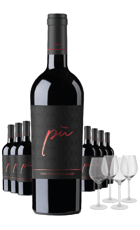 Paket 8 Flaschen Piu Primitivo + 4 Gläser