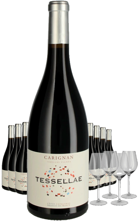 Paket 8 Flaschen Lafage Tessellae Carignan Vieilles Vignes + 4 Gläser