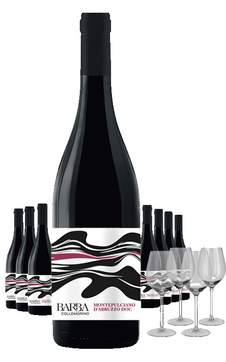 Paket 8 Flaschen Collemorino Montepulciano + 4 Gläser