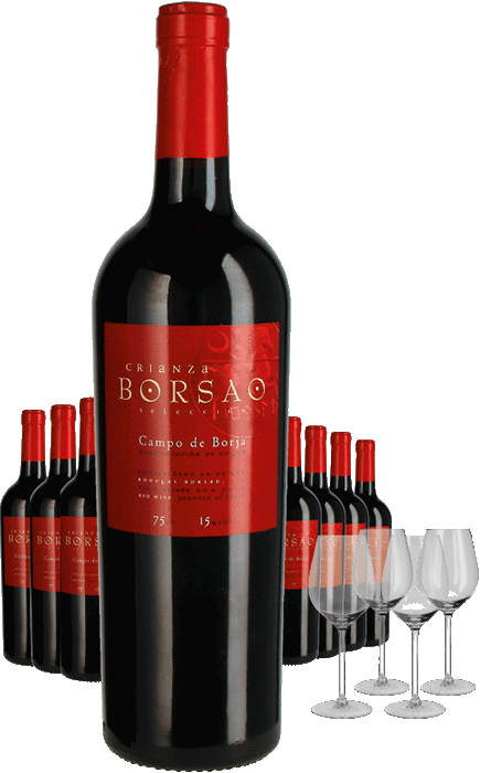 Paket 8 Flaschen Bodegas Borsao Crianza Selección + 4 Gläser