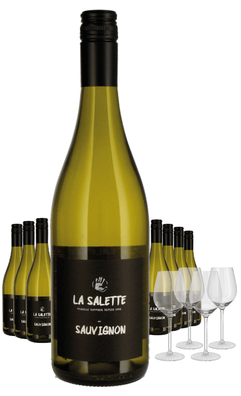 Paket 8 Flaschen La Salette Sauvignon Black Label + 4 Gläser