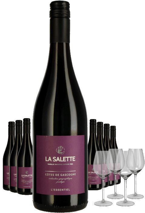 Paket 8 Flaschen La Salette L´Essentiel Rouge + 4 Gläser