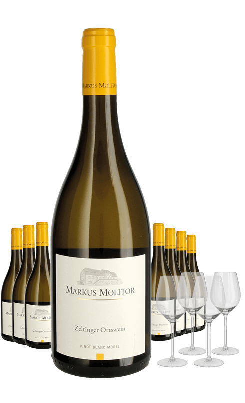 Paket 8 Flaschen Markus Molitor Zeltinger Ortswein Pinot Blanc + 4 Gläser